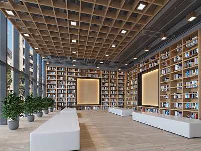 Book Art Gallery Interior With Wooden Grid Ceiling Bookshelves Window Lighting And Green Plants 3d model
