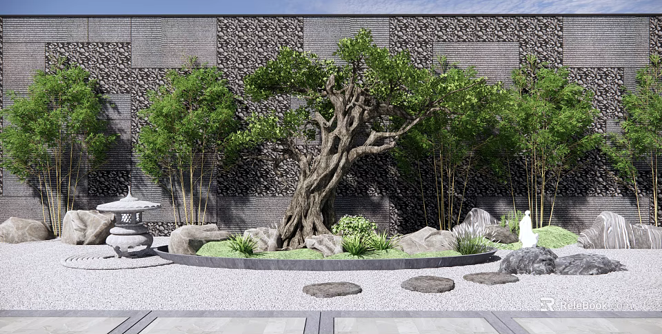 Classic Courtyard Garden Featuring Old Tree Bamboo Stones Stone Lantern And Textured Wall 3d model 