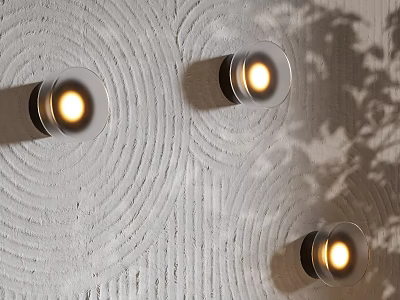 Three Round Wall Lamps Mounted On Textured White Wall With Warm Glow 3d model