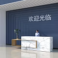 Modern Marble Reception Desk With Blue Wall Green Plant And Welcoming Receptionist