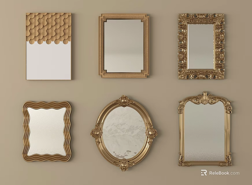 Decorative Mirrors with Golden Frames Various Designs and Ornate Details for Home Decor 3d model 