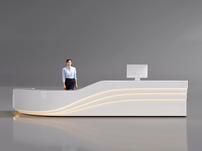 Modern Front Desk Reception With Curved White Desk Female Receptionist And Computer Monitor 3d model