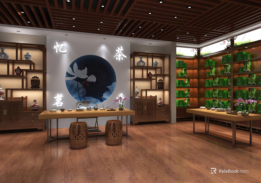 Traditional Tea House Interior With Wooden Decor Lotus Art And Tea Set Displays 3d model 
