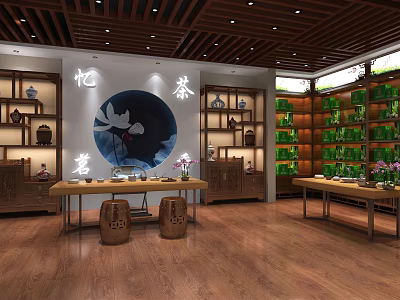 Traditional Tea House Interior With Wooden Decor Lotus Art And Tea Set Displays 3d model
