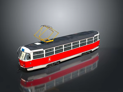 Vintage Red And White Tram Model With Yellow Pantograph Side Windows On Reflective Surface 3d model