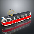 Vintage Red And White Tram Model With Yellow Pantograph Side Windows On Reflective Surface