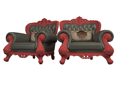 Vintage Carved Sofa And Coffee Table Set With Gray Red Upholstery And Decorative Pillows 3d model