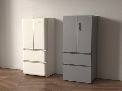 Modern White And Gray Multi Door Refrigerators Standing Against Wall On Wooden Floor 3d model