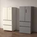 Modern White And Gray Multi Door Refrigerators Standing Against Wall On Wooden Floor