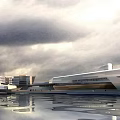 Modern Museum Building Complex With Sleek Architectural Design Water Reflection And Cloudy Sky