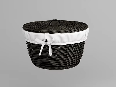 Black Wicker Storage Basket With White Trim Lid And Decorative Bow For Home Organization 3d model