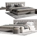 Modern Upholstered Double Bed Design With Plush Pillows Bedding And Side Stool On Rug