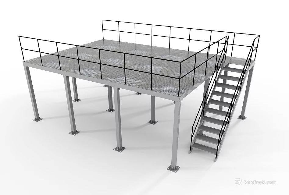 Industrial Metal Platform Equipment With Guardrails Staircase And Support Columns 3d model 