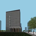 Modern Office Building With Glass Curtain Wall And Urban Surroundings Trees