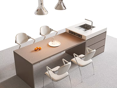 Modern Dining Table And Chairs Set With White Chairs Oranges And Pendant Lights 3d model
