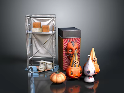 Halloween Decorative Scene With Metal Shelf Boxes And Colorful Pumpkin Ornaments 3d model