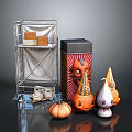 Halloween Decorative Scene With Metal Shelf Boxes And Colorful Pumpkin Ornaments