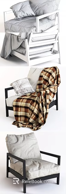 Stylish Modern Armchair With Black Frame Gray Cushions And Plaid Blanket 3d model 