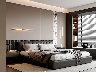 Modern Bedroom Interior Design With Large Bed Neutral Tones LED Light Shelves And Window Blinds 3d model