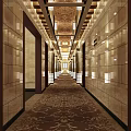 Elegant Hotel Corridor With Marble Wall Panels And Ornate Patterned Carpet 3d model