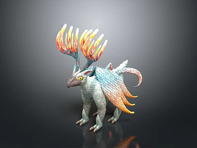 Fantasy Creature with Flaming Antlers Colorful Feathers Blue White Body and Yellow Eyes 3d model