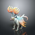 Fantasy Creature with Flaming Antlers Colorful Feathers Blue White Body and Yellow Eyes