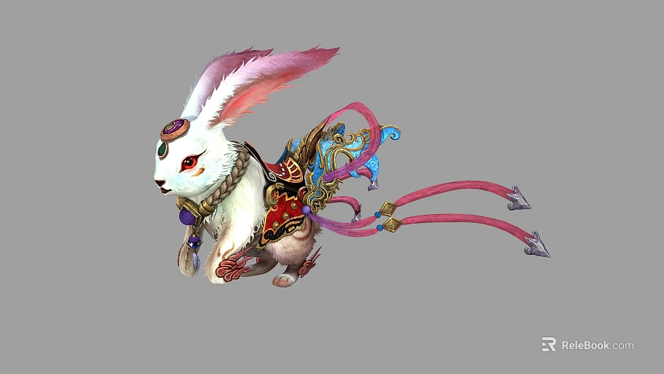 Ornate Decorative Rabbit Figure With Pink Ears Elaborate Saddle And Colorful Ribbons 3d model 