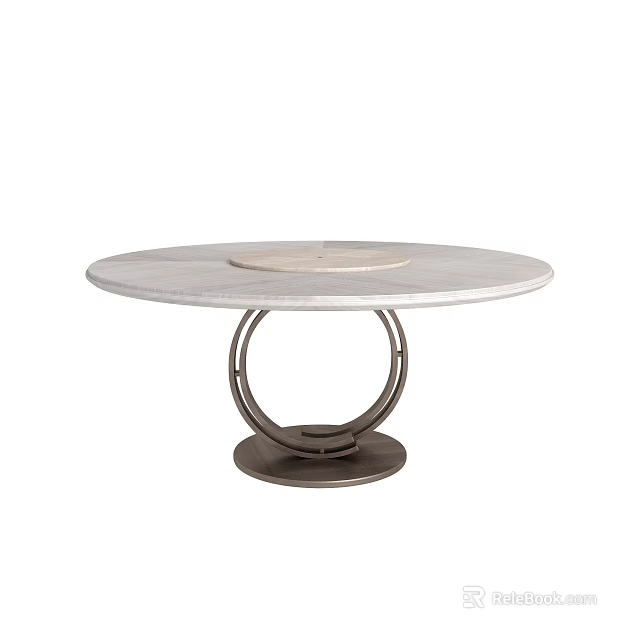 Round Dining Table With Marble Top And Circular Metal Base Featuring Central Turntable 3d model