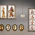 Traditional Chinese Shadow Puppet Decor With Framed Artworks Hanging Light And Various Shaped Frames