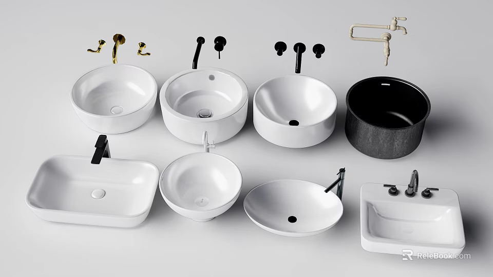 Collection of Stylish Washbasins in Various Shapes Colors and Faucet Accessories 3d model 