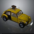 Yellow Vintage Volkswagen Beetle With Roof Rack And Brown Suitcase On Reflective Surface