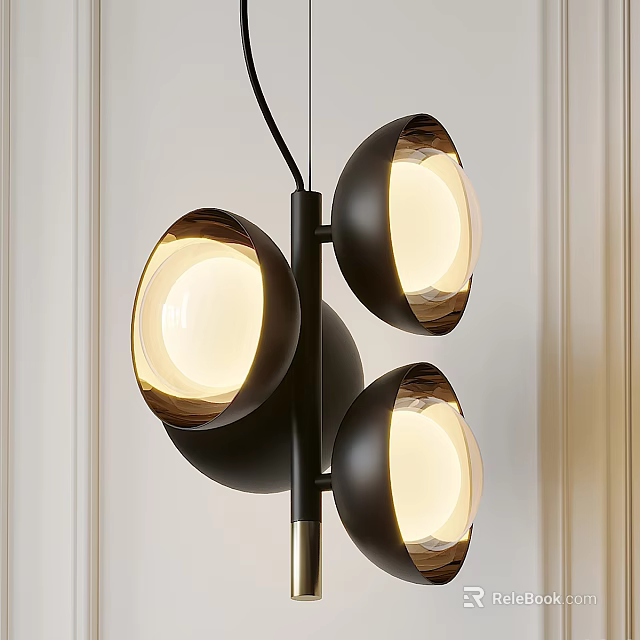 Modern Chandelier With Three Spherical Illuminated Shades And Black Metal Frame 3d model 