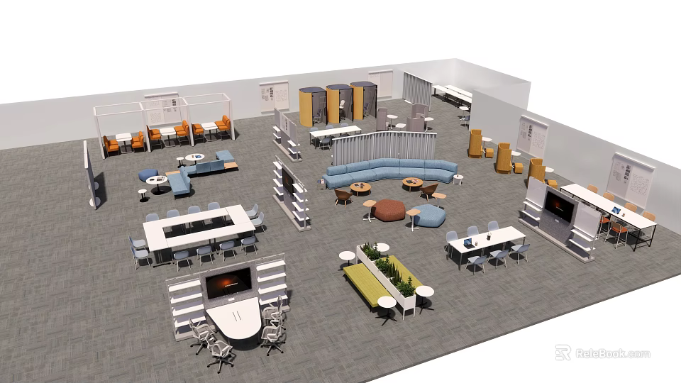 Modern Public Office Space With Multiple Seating Areas Sofa Tables Partitions And Green Plants 3d model 