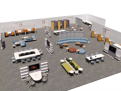 Modern Public Office Space With Multiple Seating Areas Sofa Tables Partitions And Green Plants 3d model