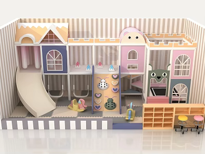 Indoor Children Playground With Castle Shaped Structures Slide Climbing Toys Storage Shelves And Tables Chairs 3d model