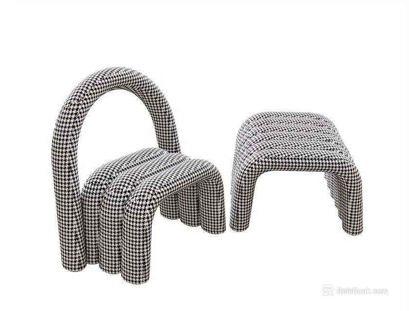 Single Sofa with Black and White Checkered Pattern and Matching Stool 3d model