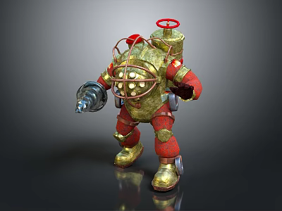 Mechanical Diving Character in Retro Gold Red Gear with Round Helmet Windows and Tool 3d model