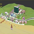 Cartoon Scene With Green Hills Blue High Rise Building White Buildings Beach And Sailboat