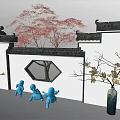 Chinese Style Garden Ornament Featuring Red Leaved Tree Hexagonal Window Blue Statues and Green Plants