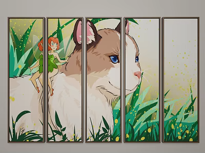 Five Panel Painting Featuring Cat With Blue Eyes And Red Haired Fairy In Green Grass 3d model