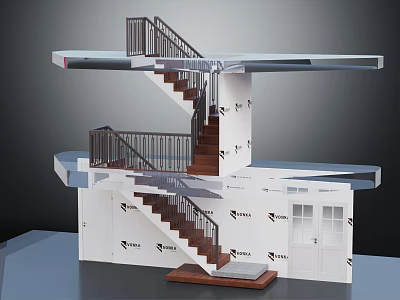 Modern Multi Level Stairs Design With Wooden Steps Metal Railings And White Layered Platforms 3d model