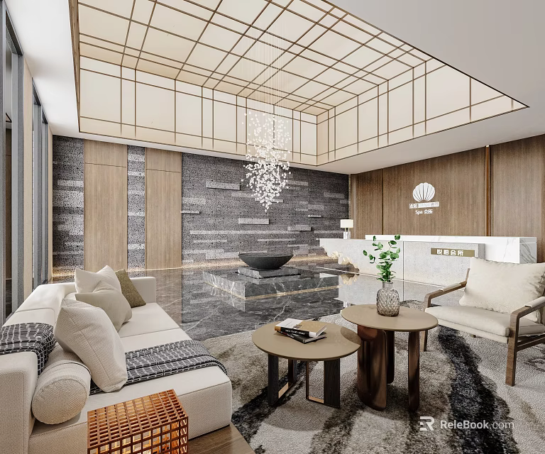 Elegant Modern Beauty Salon Interior With Stylish Seating And Chandelier Design 3d model 