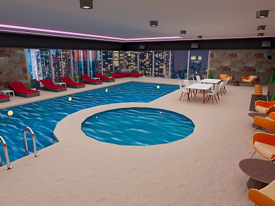 Cartoon Indoor Swimming Pool Scene With Blue Water Red Lounge Chairs And City Night View 3d model