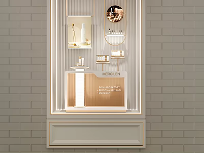 Elegant Window Display With Skincare Products Round Mirror Pendant Light And Brick Wall Background 3d model