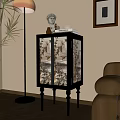 Stylish Entryway Console Cabinet With Decorative Statue Books Painted Glass Doors Near Floor Lamp