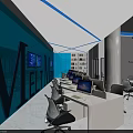 Modern Public Office Interior With Blue Walls White Desks Gray Chairs Computer Monitors And Shelves
