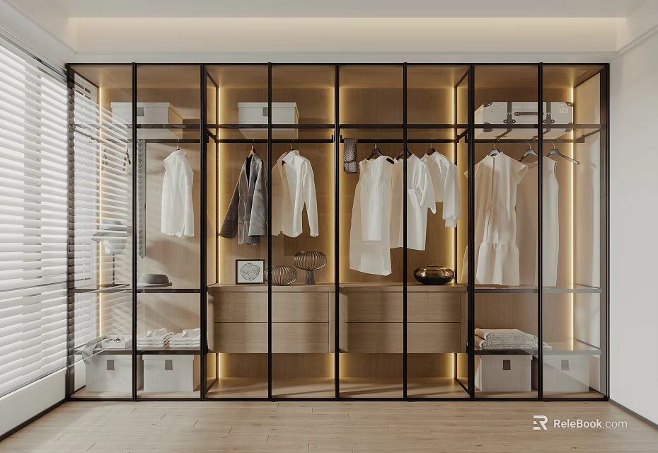 Modern Glass Door Wardrobe With Metal Frame Hanging Shirts Coats Storage Boxes And Lighting 3d model 