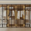 Modern Glass Door Wardrobe With Metal Frame Hanging Shirts Coats Storage Boxes And Lighting