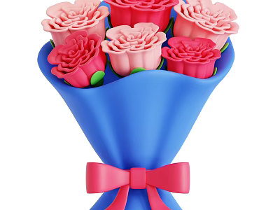 Bouquet of Pink and Red Roses Wrapped in Blue Wrapping Paper Adorned with Pink Bow 3d model