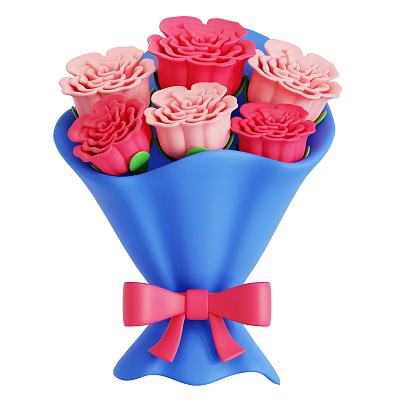 Bouquet of Pink and Red Roses Wrapped in Blue Wrapping Paper Adorned with Pink Bow 3d model